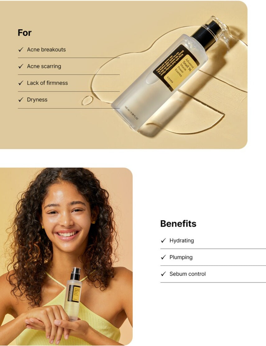 COSRX Advanced Snail 96 Mucin Power Essence 100 mL For Acne breakouts, Acne scarring, Lack of firmness, Dryness. Benefits : Hydrating, Plumping, Sebum control