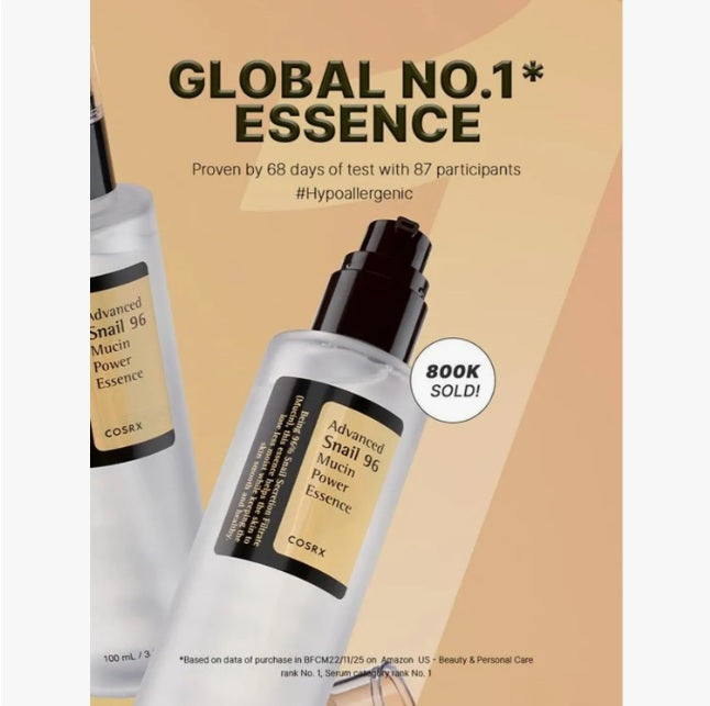 COSRX Advanced Snail 96 Mucin Power Essence 100 mL. GLOBAL NO.1 ESSENCE. Proven by 68 days of test with 87 participants. #Hypoallergenic