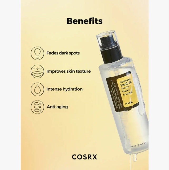COSRX Advanced Snail 96 Mucin Power Essence 100 mL Benefits. Fades dark spots. Improves skin texture. Intense hydration. Anti-aging
