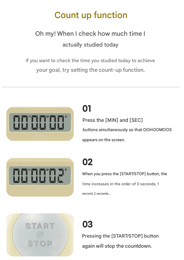 DRETEC T-186 Timer Watch Stopwatch LED Alarm Portable Clock Yellow Color - Count up function