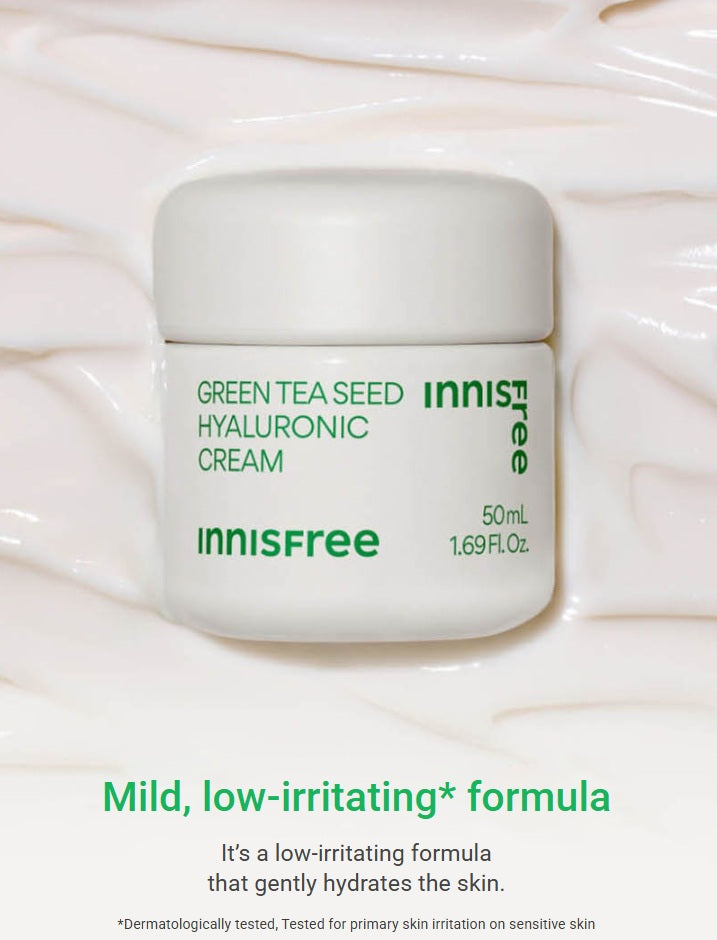 innisfree Green Tea Seed Hyaluronic Cream. Mild, low-irritating forula.