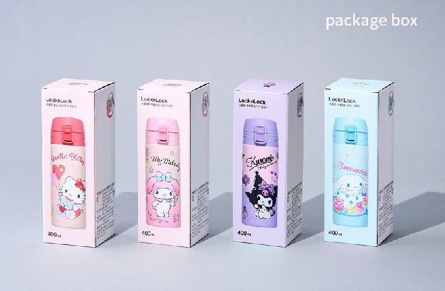 LocknLock New School Fit Sanrio Characters One-Touch Tumbler. Hello Kitty. Kuromi. My melody. Cinnamoroll.
Package box.