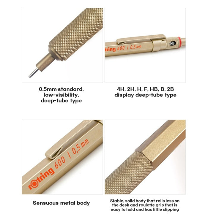 Rotring 600 Mechanical Pencil 0.5mm Gold, Rose Gold, Pearl White