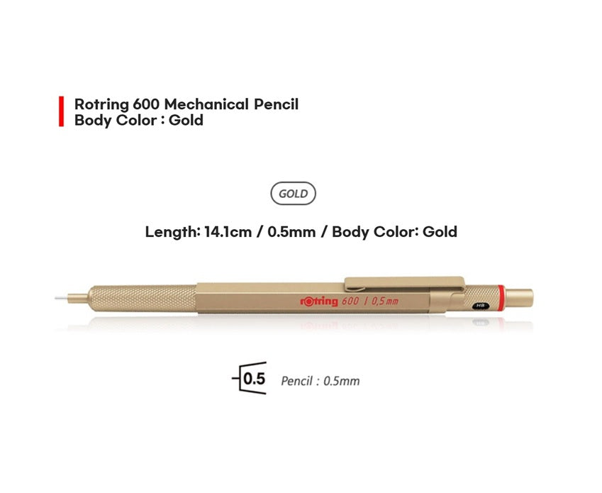Rotring 600 Mechanical Pencil 0.5mm Gold, Rose Gold, Pearl White