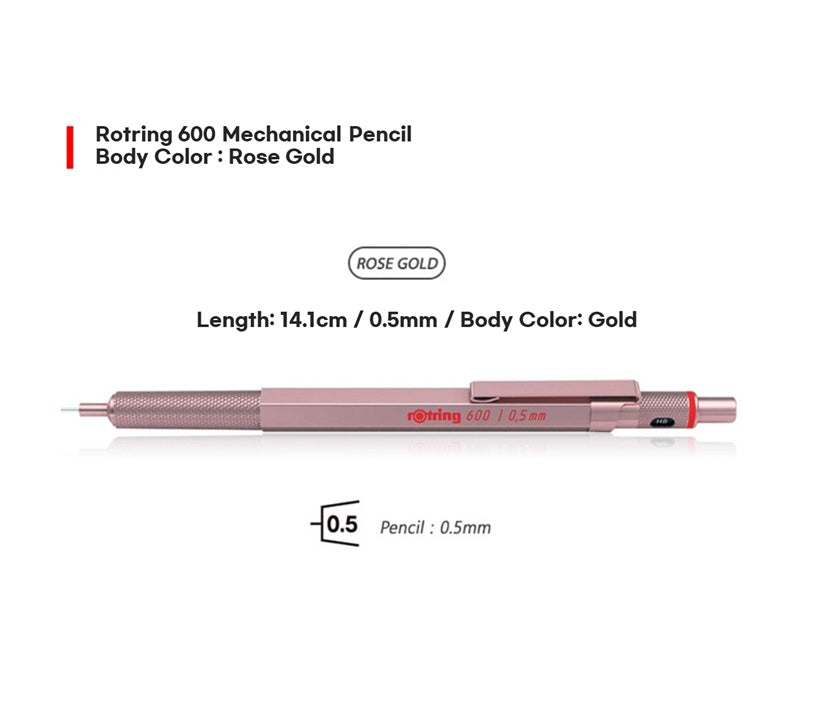 Rotring 600 Mechanical Pencil 0.5mm Gold, Rose Gold, Pearl White