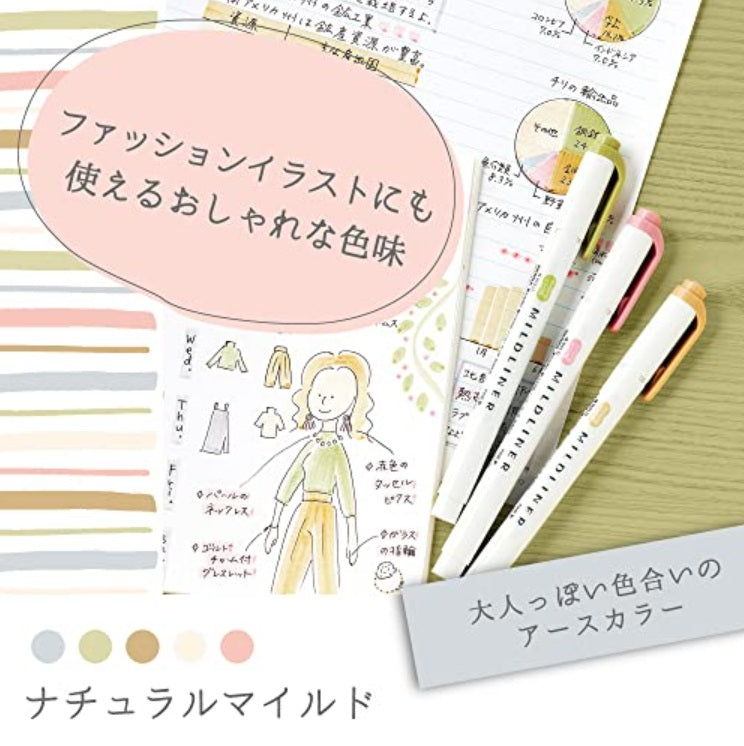 Zebra Mildliner WKT7-5C-NTC Natural Mild Highlighter 5 Color Set - Cool Gray, Olive, Beige, Cream, Dusty Pink