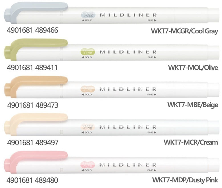 Zebra Mildliner WKT7-5C-NTC Natural Mild Highlighter 5 Color Set - Cool Gray, Olive, Beige, Cream, Dusty Pink