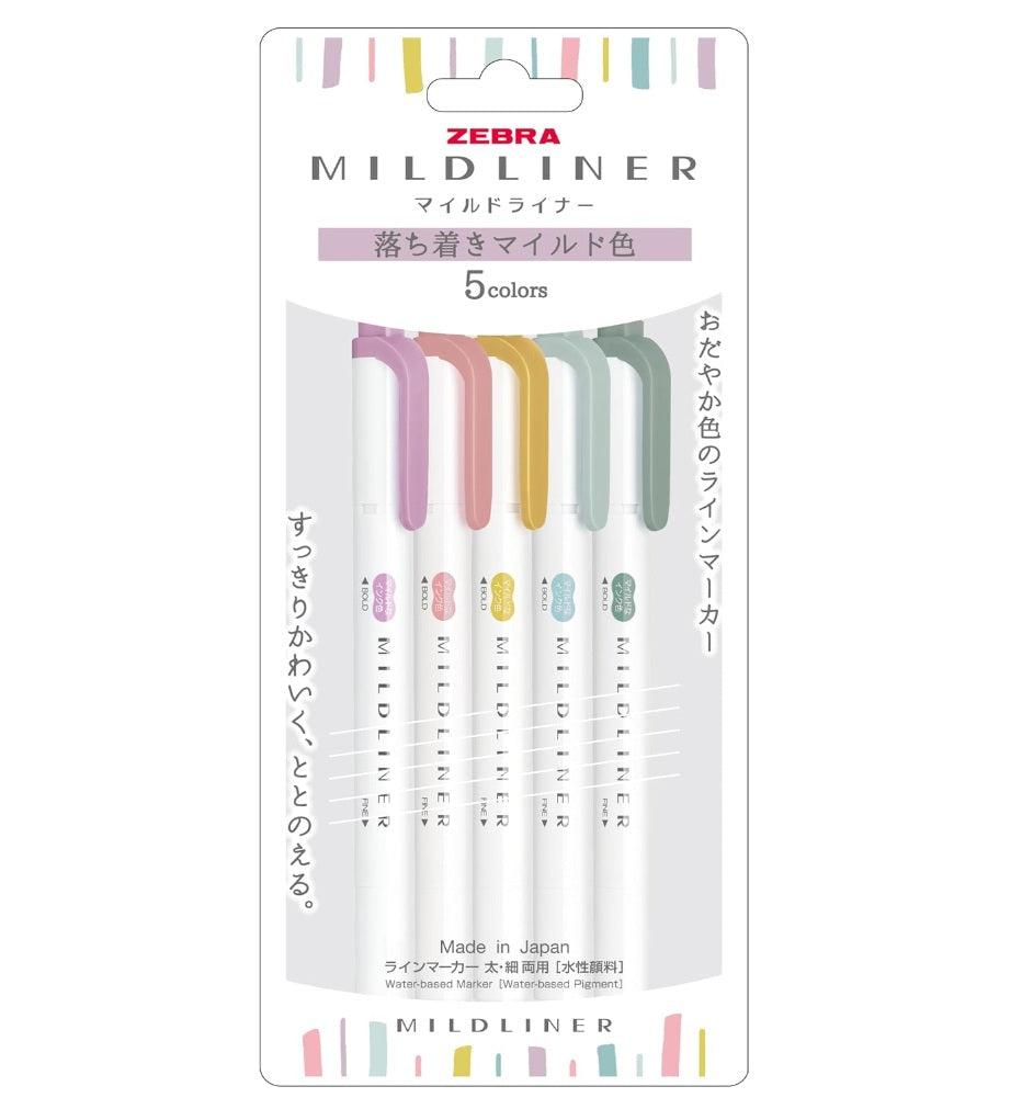Zebra Mildliner WKT7-5C-OT Relax Color Highlighter 5 Color Set - Mild Iris, Mild Smoke Red, Mild Mimosa Yellow, Mild Mint, Mild Moss Green