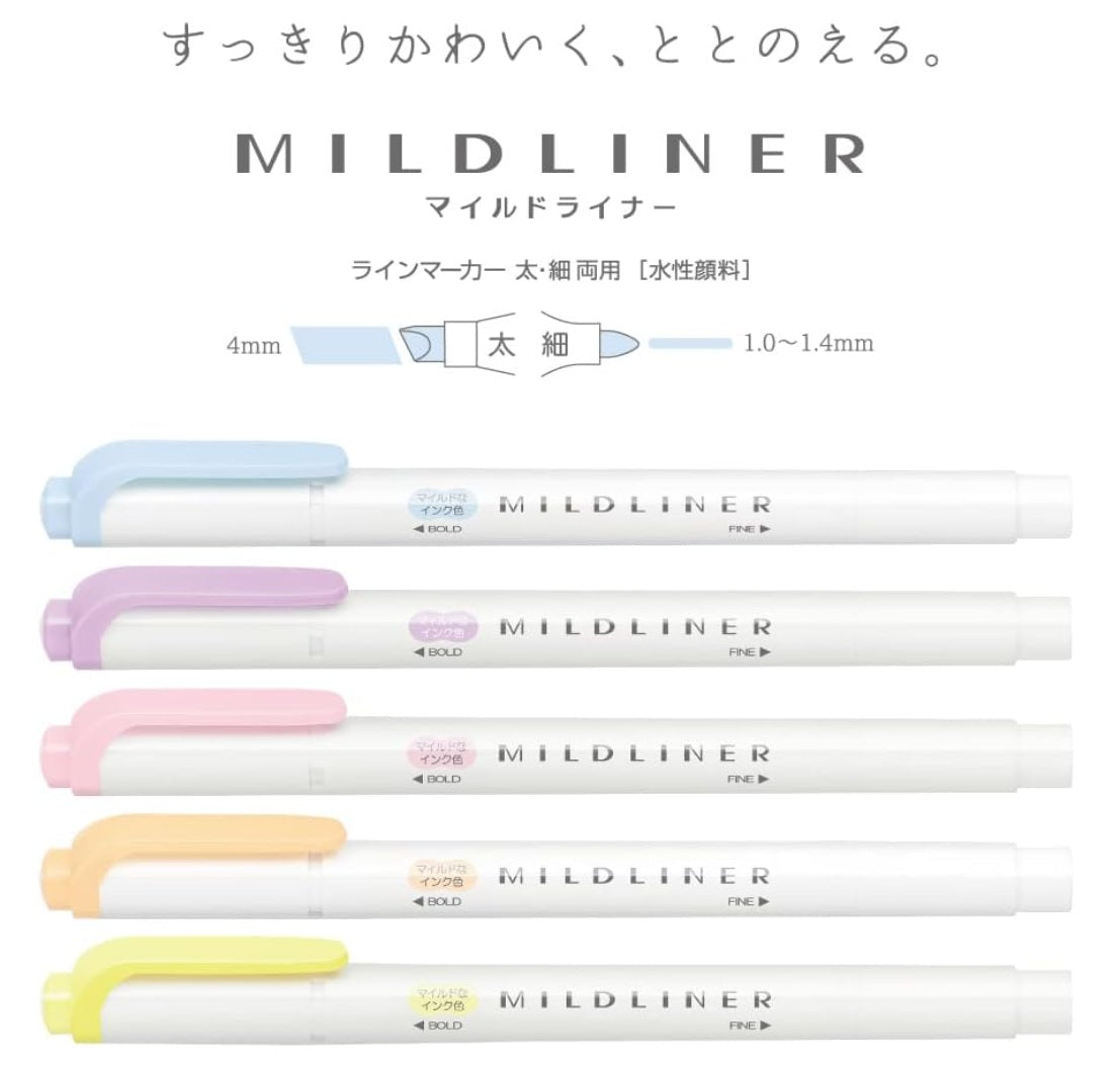 Zebra Mildliner WKT7-5C-YC Pastel Highlighter 5 Color Set - Soda Blue, Lilac, Baby Pink, Honey Orange, Sherbet Yellow