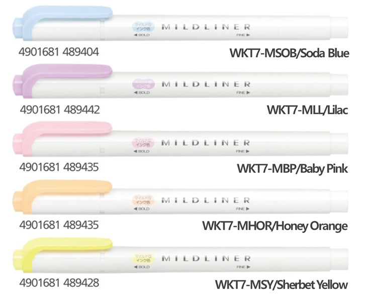 Zebra Mildliner WKT7-5C-YC Pastel Highlighter 5 Color Set - Soda Blue, Lilac, Baby Pink, Honey Orange, Sherbet Yellow