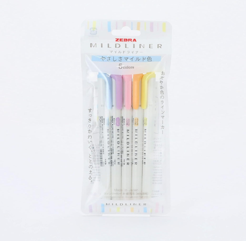 Zebra Mildliner WKT7-5C-YC Pastel Highlighter 5 Color Set - Soda Blue, Lilac, Baby Pink, Honey Orange, Sherbet Yellow