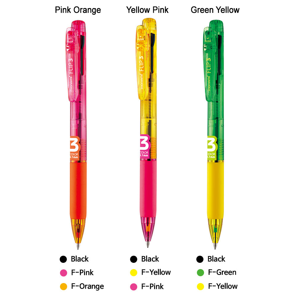 Monami Flip 3 Retractable Ballpoint Multi-Pen Fluorescent Color 0.7mm &amp; Black 0.5mm