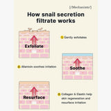 COSRX Advanced Snail 96 Mucin Power Essence 100 mL. How snail secretion filtrate works. 1. Gently exfoliates. 2. Allantoin soothes irritation. 3. Collagen & Elastin help skin regeneration and resurface irritation.