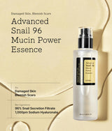 COSRX Advanced Snail 96 Mucin Power Essence 100 mL For Damaged Skin Blemish Scars. Key Ingredients : 96% Snail Secretion Filtrate 1,000pm Sodium Hyaluronate.