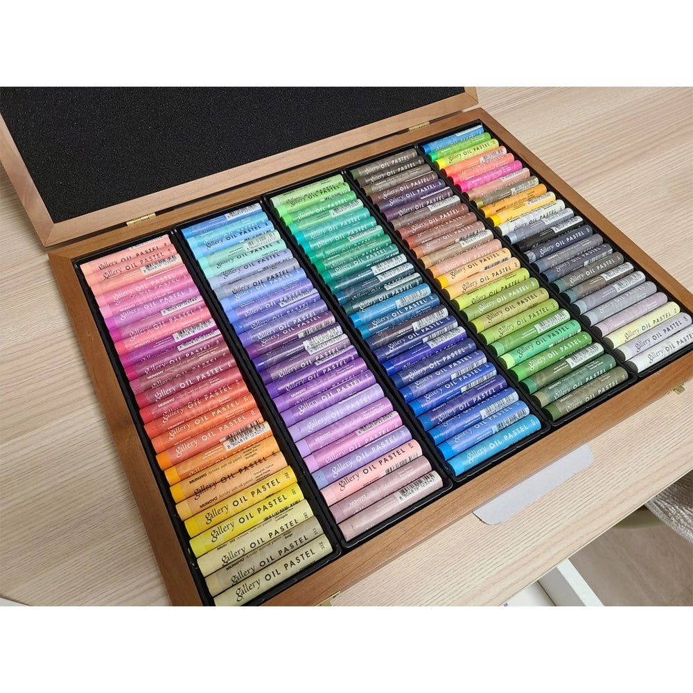 mungyo gallery artists soft oil pastel 120 color set wood box, inside