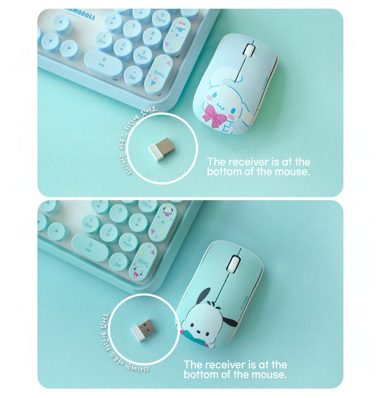 sanrio wireless keyboard mouse set, pochacco cinnamoroll, receiver
