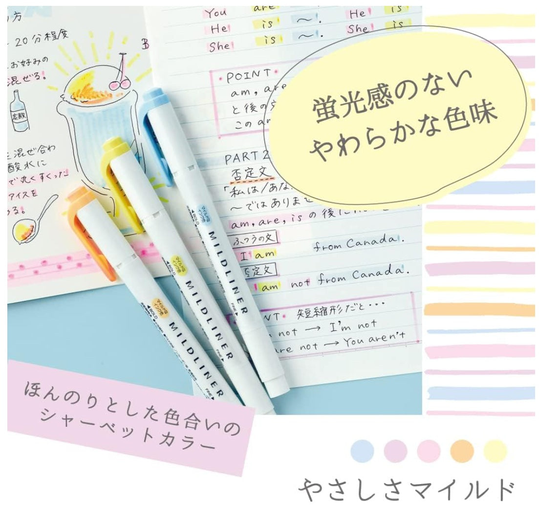 Zebra Mildliner WKT7-5C-YC Pastel Highlighter 5 Color Set - Soda Blue, Lilac, Baby Pink, Honey Orange, Sherbet Yellow